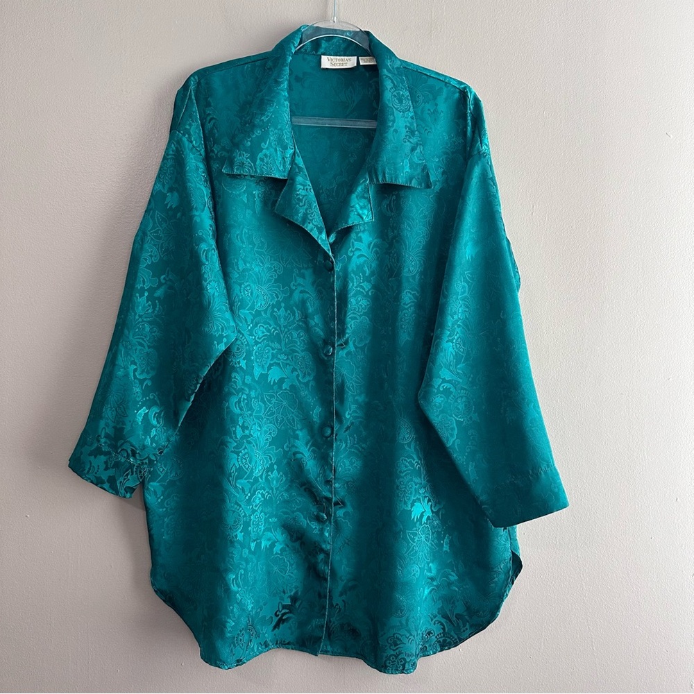 Victoria's Secret Gold Label Emerald Green Paisley Satin Night Shirt Womens M/L